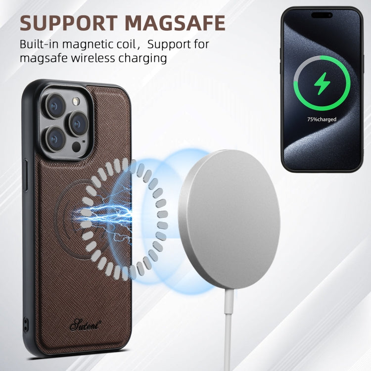 For iPhone 13 Pro Max Suteni H17 Cross Grain Leather MagSafe Detachable Wallet Phone Case(Brown)