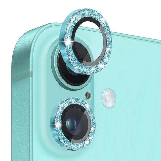 For iPhone 16 / 16 Plus NORTHJO Glitter Camera Lens Protector Tempered Glass Metal Ring Film(Cyan)