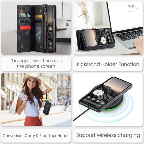 For Google Pixel 9 / 9 Pro CaseMe 008 Detachable Multifunctional Leather Phone Case(Black)