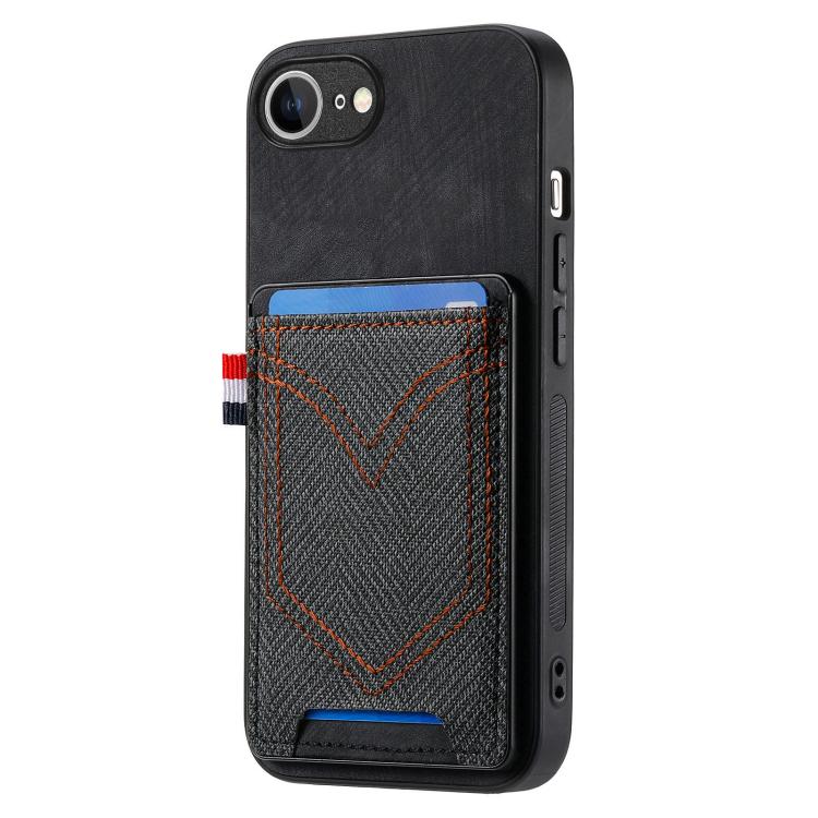For iPhone 16e Denim Texture Leather Skin Phone Case with Card Slot(Black)