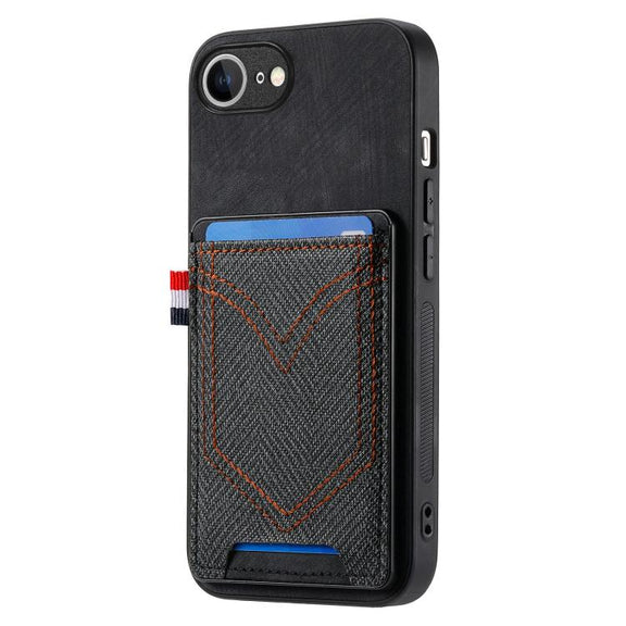 For iPhone 16e Denim Texture Leather Skin Phone Case with Card Slot(Black)