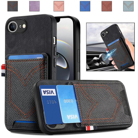 For iPhone 16e Denim Texture Leather Skin Phone Case with Card Slot(Black)