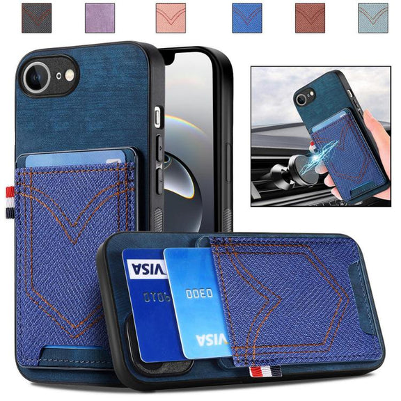 For iPhone 16e Denim Texture Leather Skin Phone Case with Card Slot(Blue)