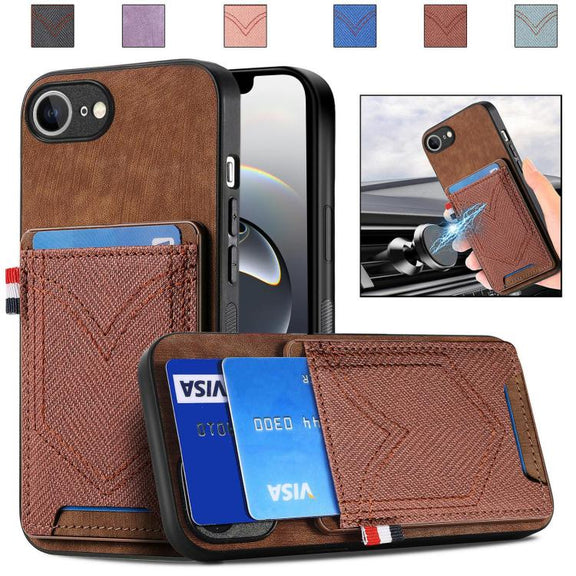For iPhone 16e Denim Texture Leather Skin Phone Case with Card Slot(Brown)