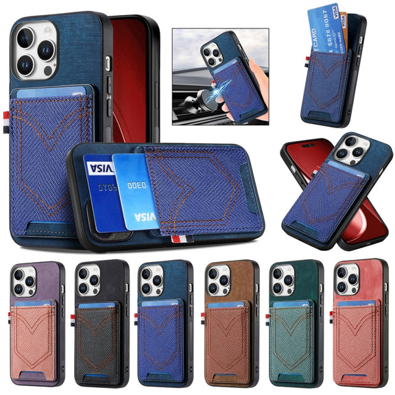 For iPhone 16e Denim Texture Leather Skin Phone Case with Card Slot(Brown)