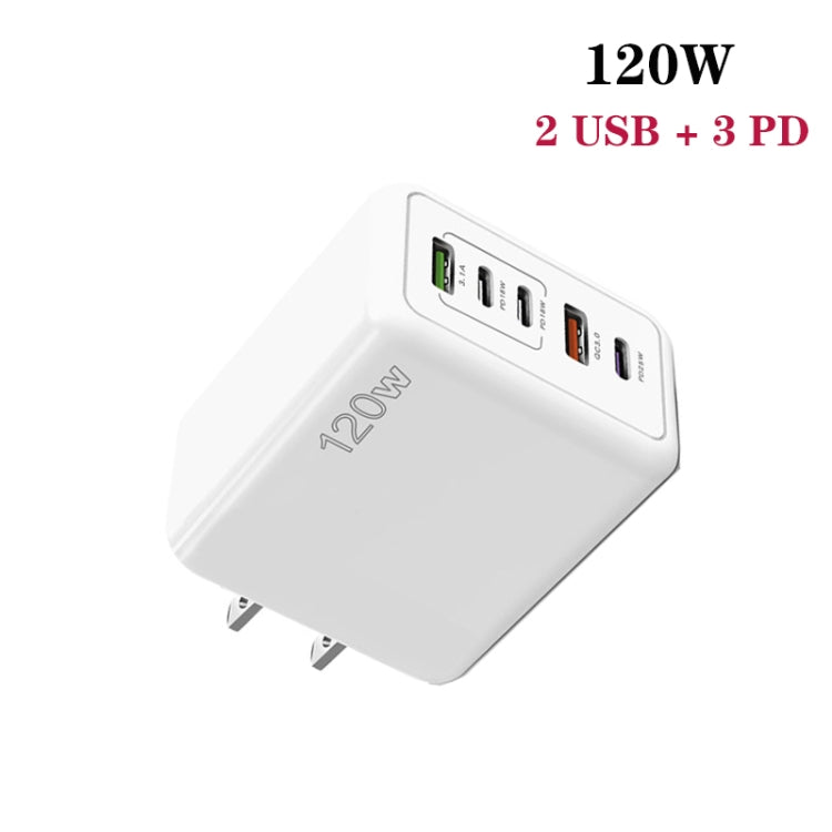 120W 3 PD Type-C Dual USB Multi Port Quick Charger for Mobile Phones, US Plug(White)