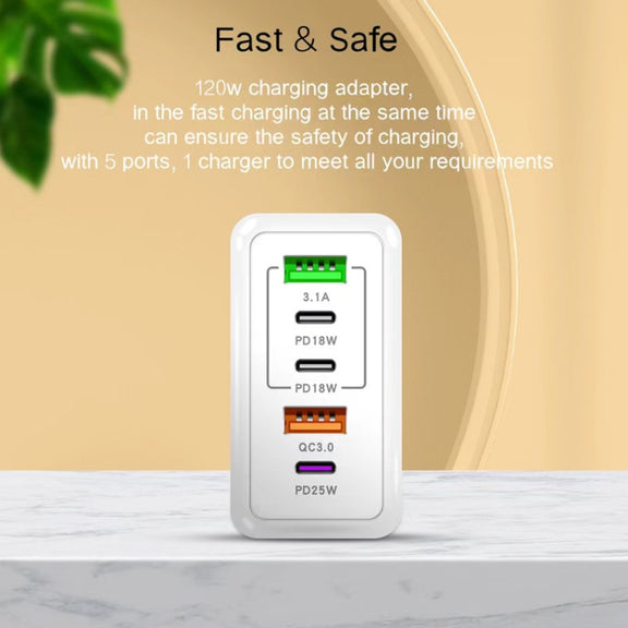 120W 3 PD Type-C Dual USB Multi Port Quick Charger for Mobile Phones, US Plug(White)