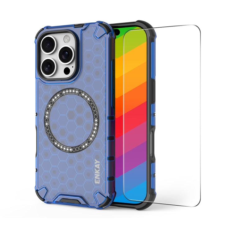 For iPhone 16 Pro ENKAY Hat-Prince Honeycomb MagSafe Shockproof Phone Case with Large Arc Edge Film(Blue)
