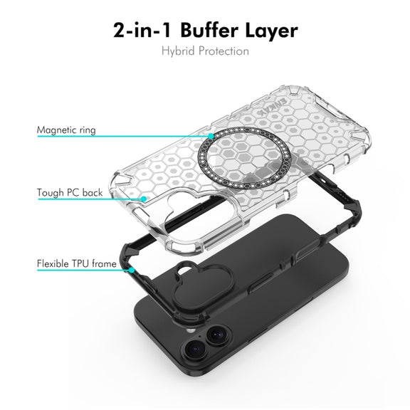 For iPhone 16 Plus ENKAY Hat-Prince Honeycomb MagSafe Shockproof Phone Case with Large Arc Edge Film(White)