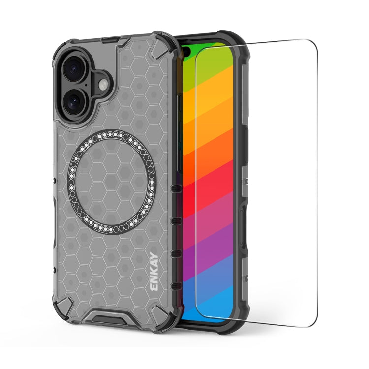 For iPhone 16 Plus ENKAY Hat-Prince Honeycomb MagSafe Shockproof Phone Case with Large Arc Edge Film(Grey)