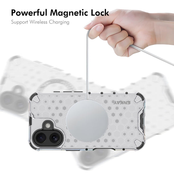 For iPhone 16 Plus ENKAY Hat-Prince Honeycomb MagSafe Shockproof Phone Case with Large Arc Edge Film(Grey)
