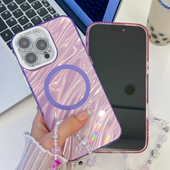 For iPhone 16 Plating Texture Wristband MagSafe TPU Phone Case with Glitter Lens Film(White Water Ripples)