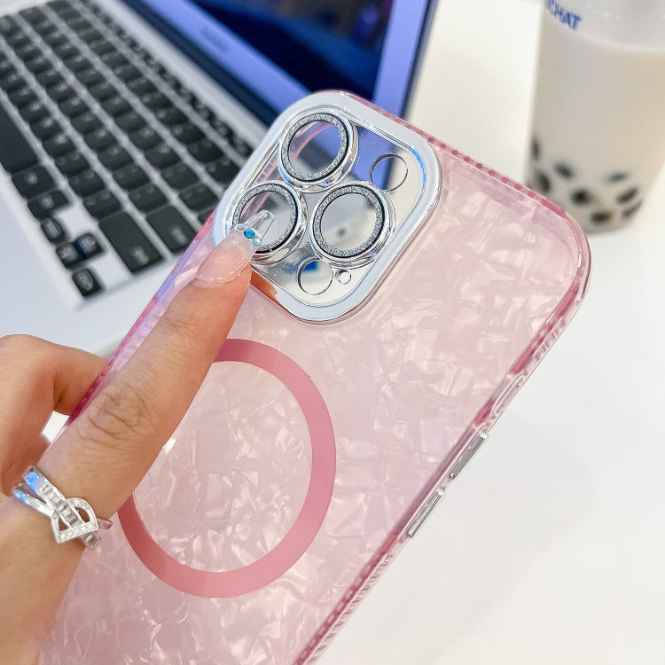 For iPhone 16 Plating Texture Wristband MagSafe TPU Phone Case with Glitter Lens Film(White Water Ripples)