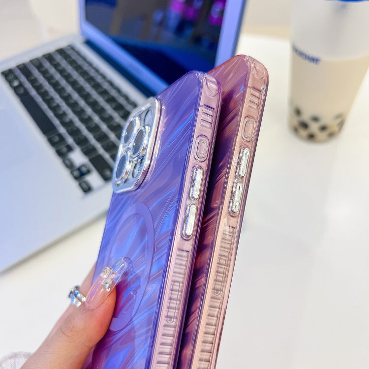 For iPhone 16 Plating Texture Wristband MagSafe TPU Phone Case with Glitter Lens Film(White Water Ripples)