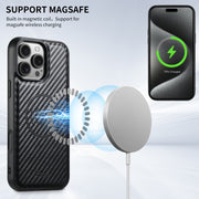 For iPhone 14 Suteni TXWH18 Carbon Fiber Texture Detachable Wallet MagSafe Phone Case(Black)