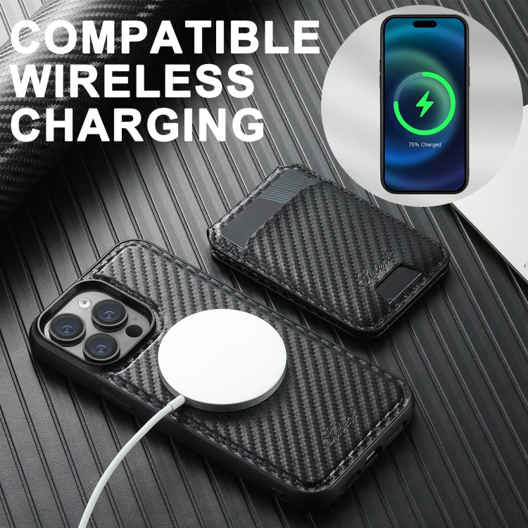 For iPhone 14 Suteni TXWH18 Carbon Fiber Texture Detachable Wallet MagSafe Phone Case(Black)
