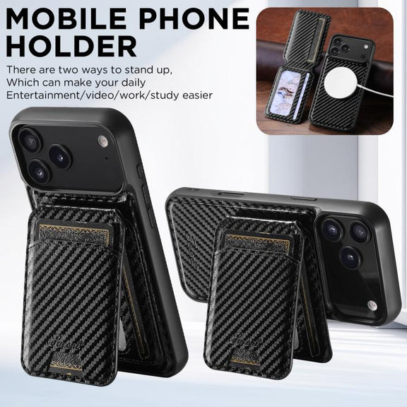 For iPhone 14 Suteni TXWH18 Carbon Fiber Texture Detachable Wallet MagSafe Phone Case(Black)