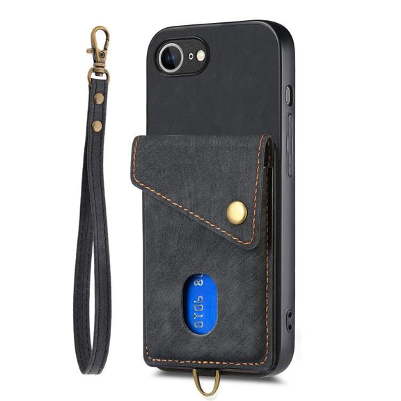 For iPhone 16e Retro Card Wallet Fold Leather Phone Case with Strap(Black)