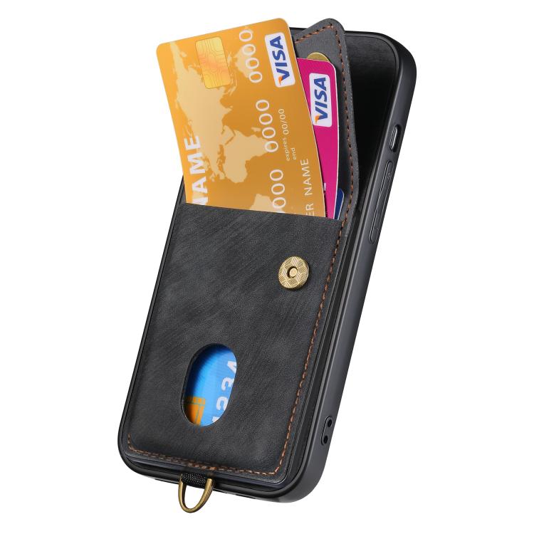 For iPhone 16e Retro Card Wallet Fold Leather Phone Case with Strap(Black)