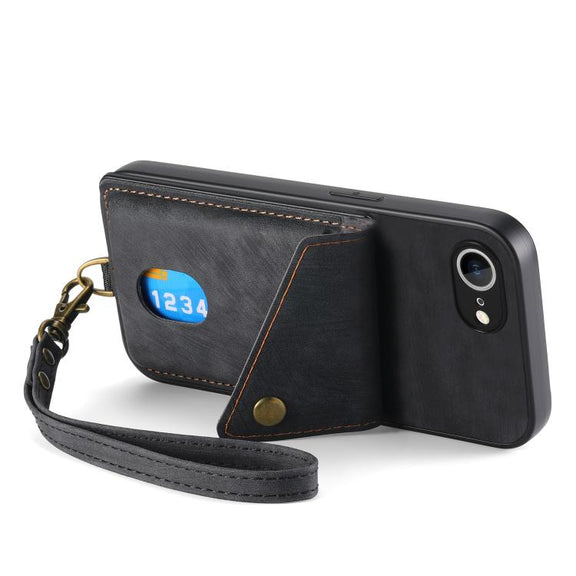 For iPhone 16e Retro Card Wallet Fold Leather Phone Case with Strap(Black)