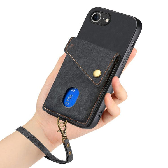 For iPhone 16e Retro Card Wallet Fold Leather Phone Case with Strap(Black)