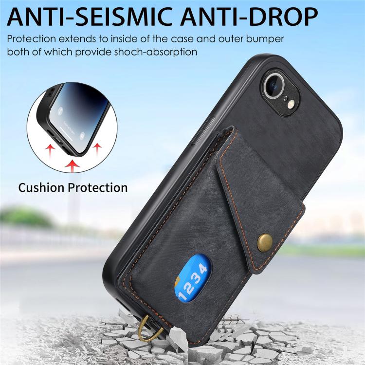 For iPhone 16e Retro Card Wallet Fold Leather Phone Case with Strap(Black)