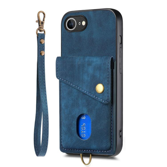 For iPhone 16e Retro Card Wallet Fold Leather Phone Case with Strap(Blue)