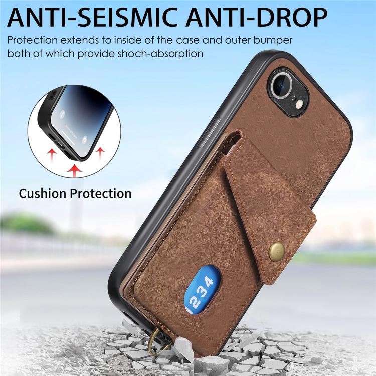 For iPhone 16e Retro Card Wallet Fold Leather Phone Case with Strap(Brown)