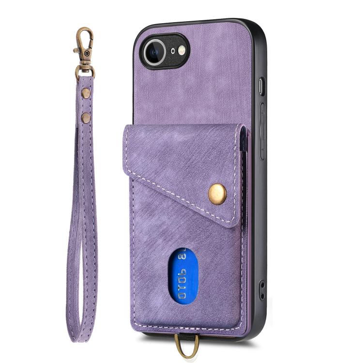For iPhone 16e Retro Card Wallet Fold Leather Phone Case with Strap(Purple)