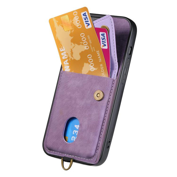 For iPhone 16e Retro Card Wallet Fold Leather Phone Case with Strap(Purple)