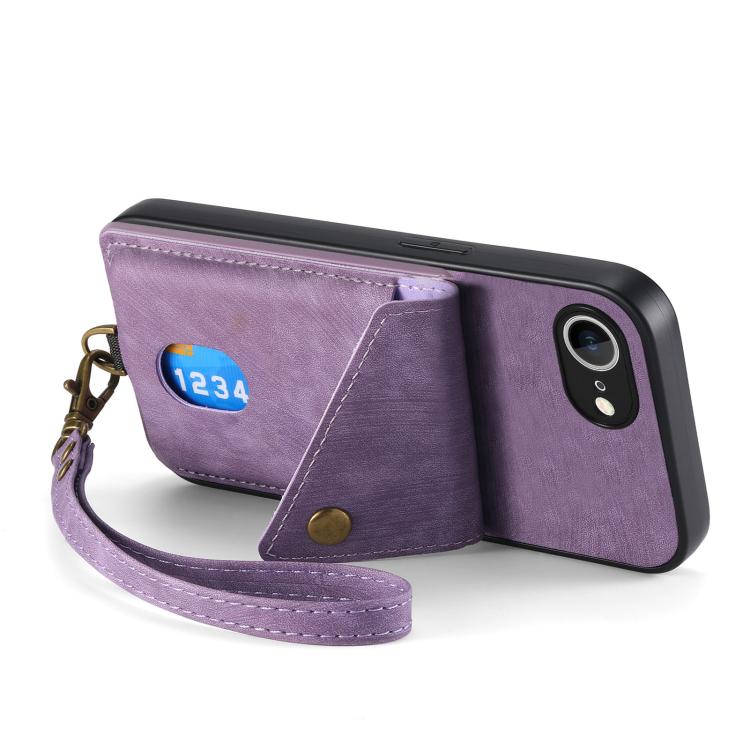 For iPhone 16e Retro Card Wallet Fold Leather Phone Case with Strap(Purple)