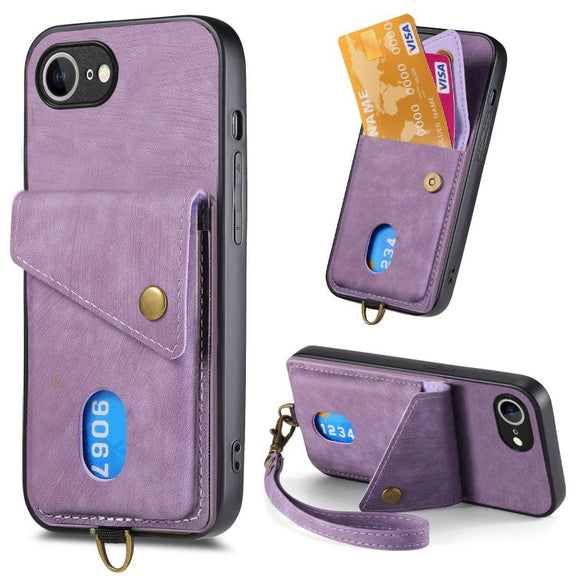 For iPhone 16e Retro Card Wallet Fold Leather Phone Case with Strap(Purple)