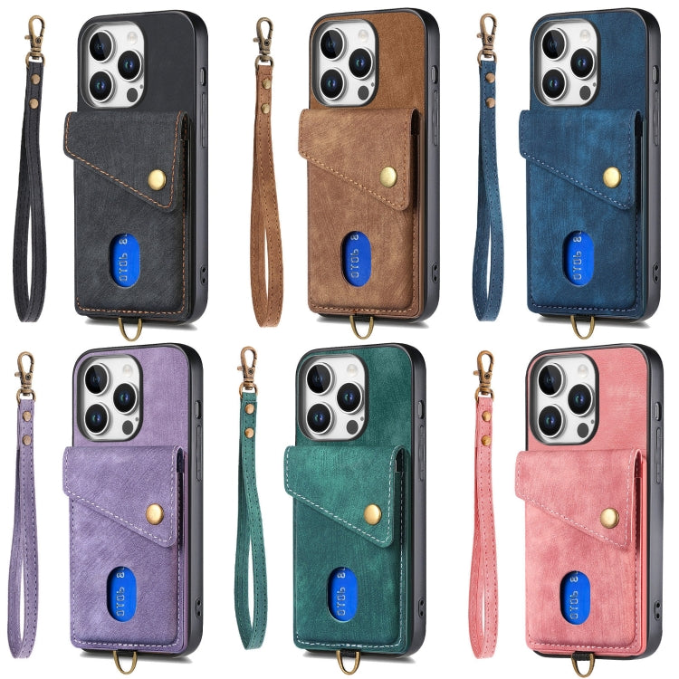 For iPhone 16e Retro Card Wallet Fold Leather Phone Case with Strap(Pink)
