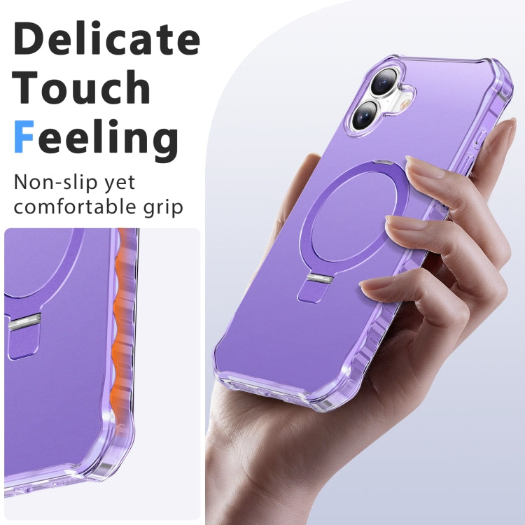 For iPhone 16 Plus Solid Color Wave MagSafe Holder Phone Case(Purple)