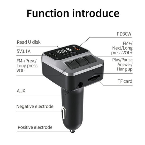 C65 Dual Type-C Port PD 30W Fast Charging Adapter Car Bluetooth FM Transmitter