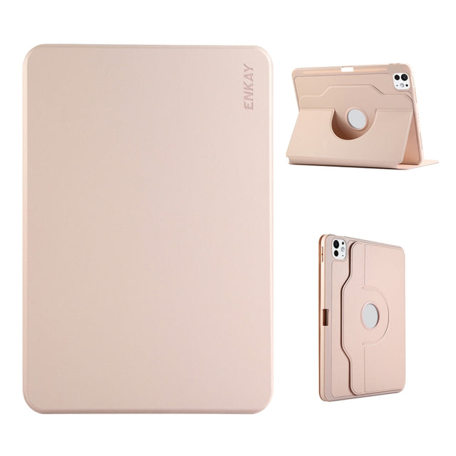 For iPad Pro 13 2024 ENKAY 360 Rotation TPU Leather Smart Tablet Case with Pen Slot(Pink)