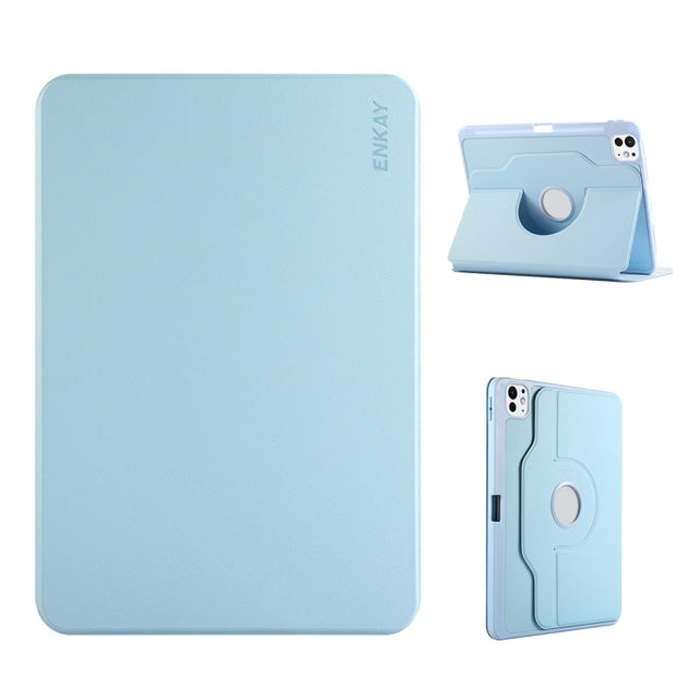 For iPad Pro 13 2024 ENKAY 360 Rotation TPU Leather Smart Tablet Case with Pen Slot(Light Blue)