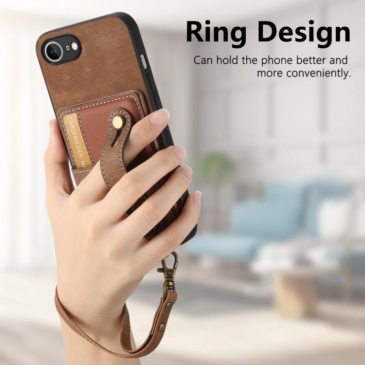 For iPhone 16e Retro Cross Wristband Wallet Leather Back Phone Case(Brown)