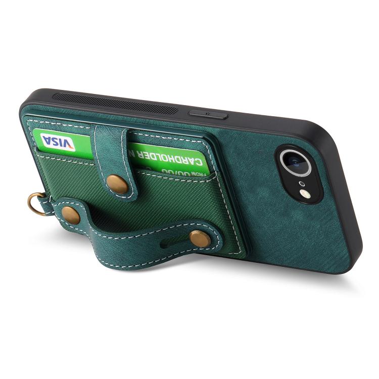 For iPhone 16e Retro Cross Wristband Wallet Leather Back Phone Case(Green)
