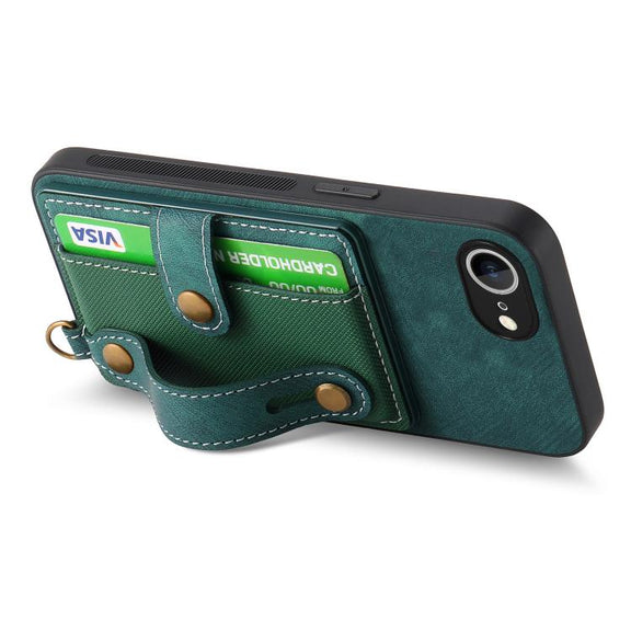 For iPhone 16e Retro Cross Wristband Wallet Leather Back Phone Case(Green)