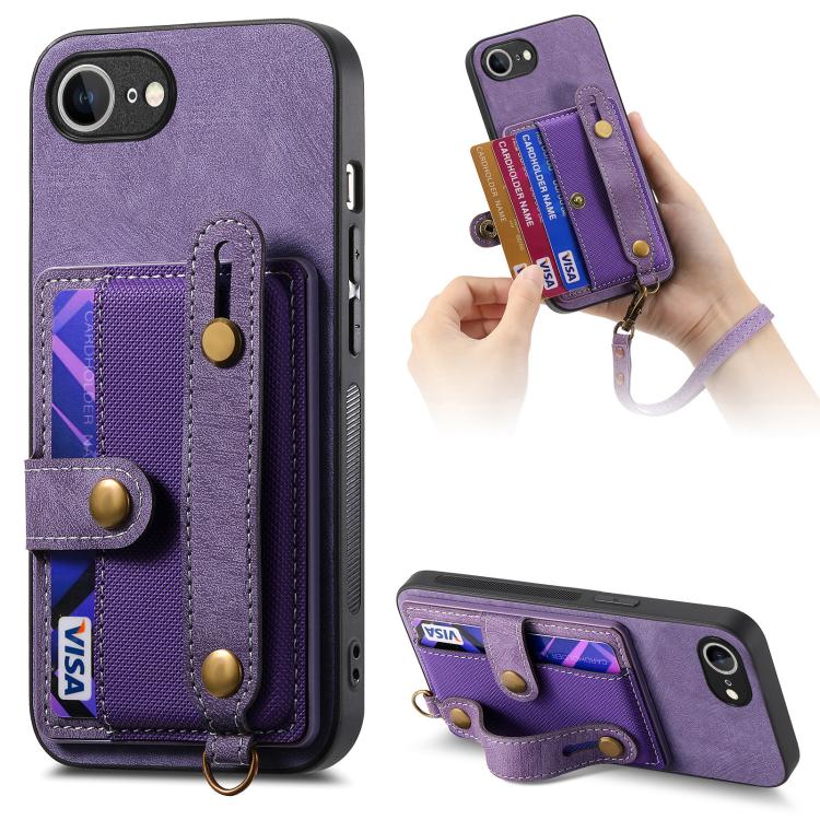 For iPhone 16e Retro Cross Wristband Wallet Leather Back Phone Case(Purple)