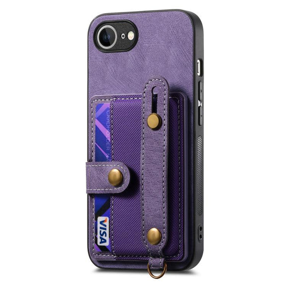 For iPhone 16e Retro Cross Wristband Wallet Leather Back Phone Case(Purple)