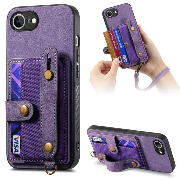 For iPhone 16e Retro Cross Wristband Wallet Leather Back Phone Case(Purple)