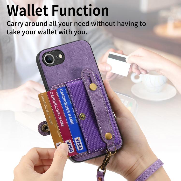 For iPhone 16e Retro Cross Wristband Wallet Leather Back Phone Case(Purple)