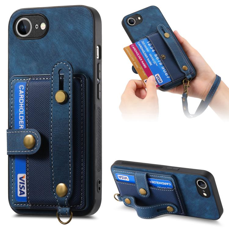 For iPhone 16e Retro Cross Wristband Wallet Leather Back Phone Case(Blue)