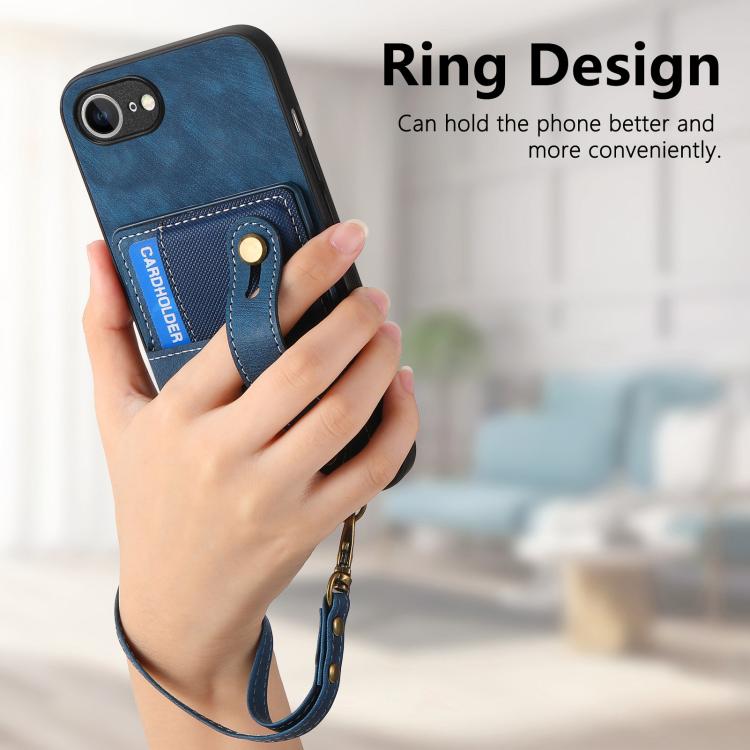 For iPhone 16e Retro Cross Wristband Wallet Leather Back Phone Case(Blue)