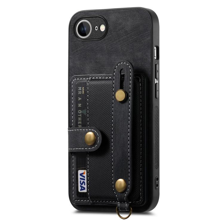 For iPhone 16e Retro Cross Wristband Wallet Leather Back Phone Case(Black)
