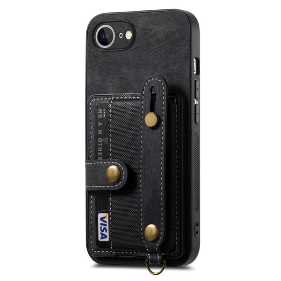 For iPhone 16e Retro Cross Wristband Wallet Leather Back Phone Case(Black)
