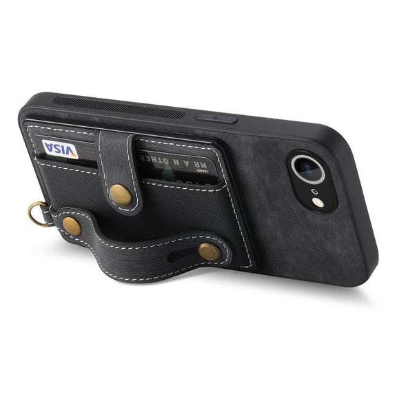 For iPhone 16e Retro Cross Wristband Wallet Leather Back Phone Case(Black)