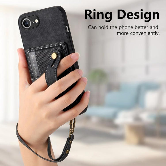 For iPhone 16e Retro Cross Wristband Wallet Leather Back Phone Case(Black)